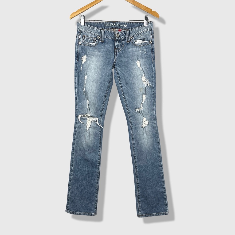 Guess Flirty Straight Jeans Women 26 Blue Distressed Y2K Grunge Trashy Chic